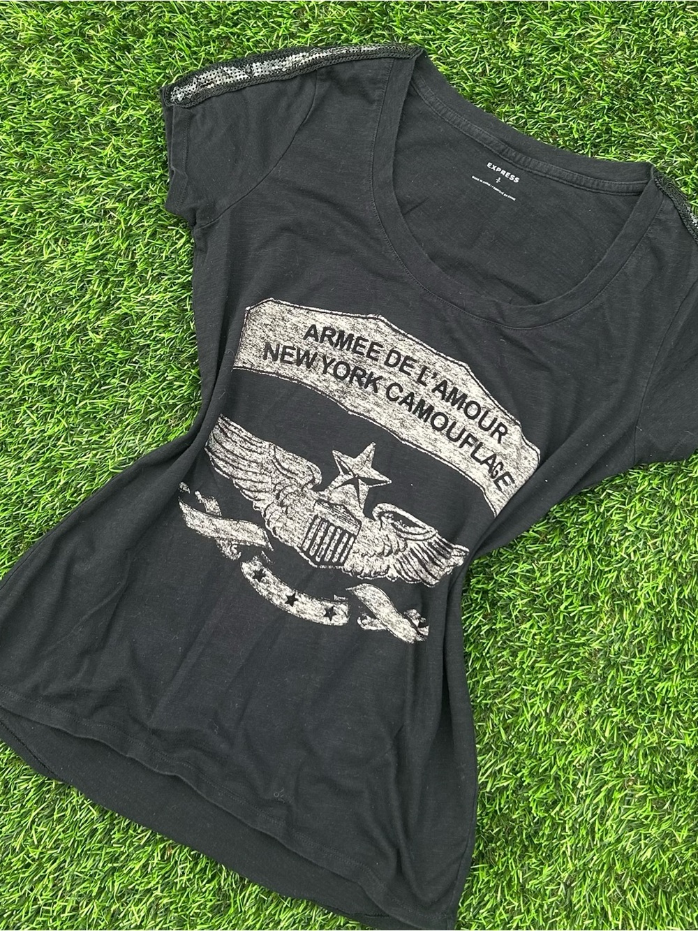 Express Black Short-Sleeve Scoop Neck Tee with Silver Graphic